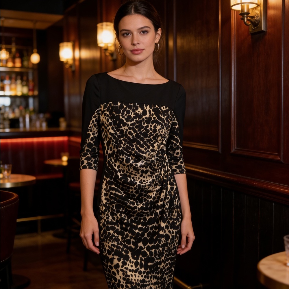 Ralph Lauren | Women’s Black and Cream Animal Midi 3/4 Sleeve Dress | 4